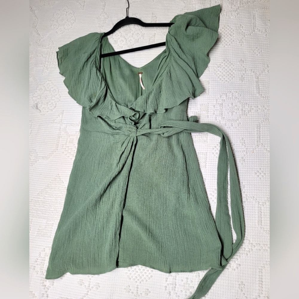 Free People Sage Green Ruffled Wrap Dress With Tie, Size XS